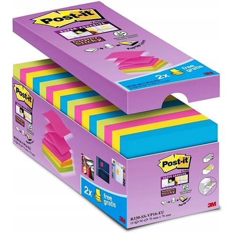 ⁨Karteczki Post-it Super Sticky Z-Notes 76x76mm (R330-SS-VP16) mix kolorów (16x90)⁩ w sklepie Wasserman.eu