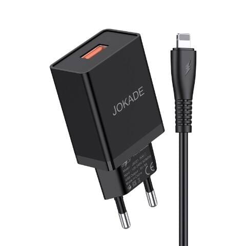 ⁨Ładowarka Sieciowa 5V/5A (1x USB) + Kabel 1m (USB - iPhone Lightning) Jokade Changyu Single Port Smart Charger Set (JB022) czarny⁩ w sklepie Wasserman.eu