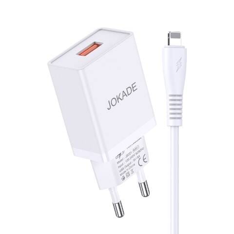 ⁨Ładowarka Sieciowa 5V/5A (1x USB) + Kabel 1m (USB - iPhone Lightning) Jokade Changyu Single Port Smart Charger Set (JB022) biały⁩ w sklepie Wasserman.eu