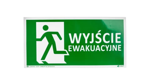 ⁨Samoprzylepna tabliczka ostrzegawcza /Znak Wyjście ewakuacyjne + znak e001, 150x300mm, FS nadruk foto/ IE/001/5/A/FS/WYJŚ⁩ w sklepie Wasserman.eu