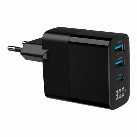 ⁨GaN Charger 2xUSB-A 1xC LCD 30W PD QC3.0 black⁩ at Wasserman.eu