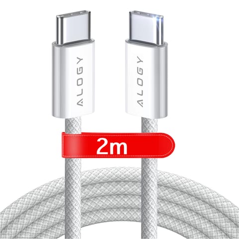 ⁨Kabel USB-C typ C mocny szybki PD 2M do iPhone 15 Alogy nylonowy przewód Biały⁩ w sklepie Wasserman.eu