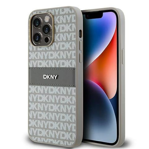 ⁨Oryginalne Etui IPHONE 14 PRO DKNY Hardcase Leather Mono Stripe & Metal Logo (DKHCP14LPRTHSLE) beżowe⁩ w sklepie Wasserman.eu