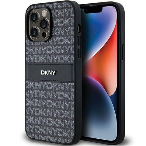 ⁨Oryginalne Etui IPHONE 14 PRO DKNY Hardcase Leather Mono Stripe & Metal Logo (DKHCP14LPRTHSLK) czarne⁩ w sklepie Wasserman.eu