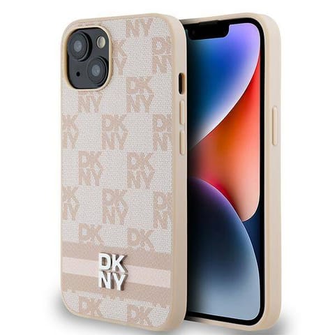 ⁨Oryginalne Etui IPHONE 13 / 14 / 15 DKNY Hardcase Leather Checkered Mono Pattern & Printed Stripes (DKHCP14SPCPTSSP) różowe⁩ w sklepie Wasserman.eu