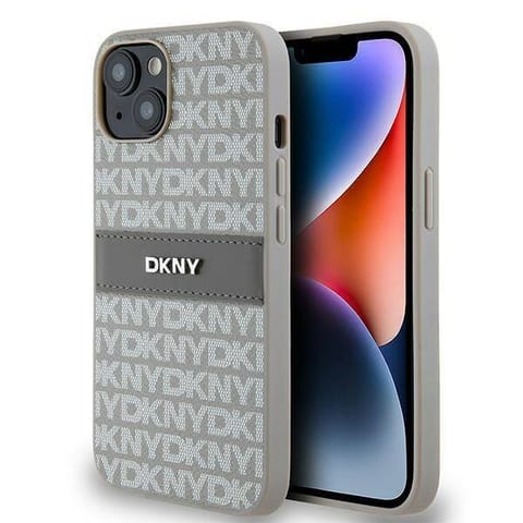 ⁨Oryginalne Etui IPHONE 13 / 14 / 15 DKNY Hardcase Leather Mono Stripe & Metal Logo (DKHCP14SPRTHSLE) beżowe⁩ w sklepie Wasserman.eu