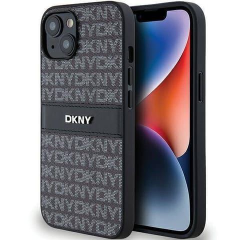 ⁨Oryginalne Etui IPHONE 13 / 14 / 15 DKNY Hardcase Leather Mono Stripe & Metal Logo (DKHCP14SPRTHSLK) czarne⁩ w sklepie Wasserman.eu