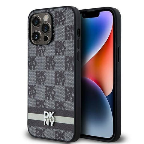 ⁨Oryginalne Etui IPHONE 14 PRO MAX DKNY Hardcase Leather Checkered Mono Pattern & Printed Stripes (DKHCP14XPCPTSSK) czarne⁩ w sklepie Wasserman.eu