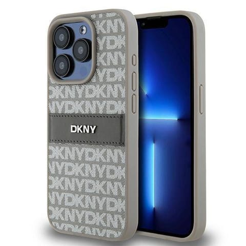 ⁨Oryginalne Etui APPLE IPHONE 15 PRO DKNY Hardcase Leather Mono Stripe & Metal Logo (DKHCP15LPRTHSLE) beżowe⁩ w sklepie Wasserman.eu