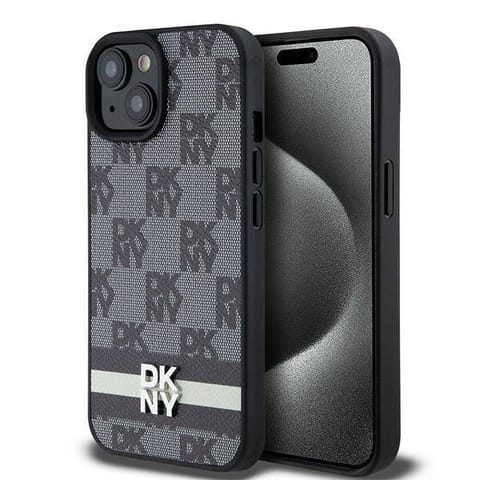 ⁨Oryginalne Etui IPHONE 15 PLUS / 14 PLUS DKNY Hardcase Leather Checkered Mono Pattern & Printed Stripes (DKHCP15MPCPTSSK) czarne⁩ w sklepie Wasserman.eu