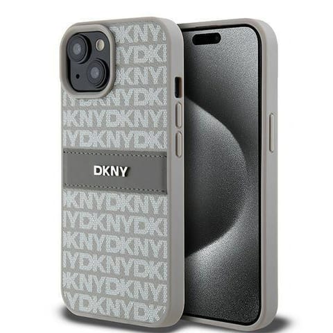 ⁨Oryginalne Etui IPHONE 15 PLUS / 14 PLUS DKNY Hardcase Leather Mono Stripe & Metal Logo (DKHCP15MPRTHSLE) beżowe⁩ w sklepie Wasserman.eu