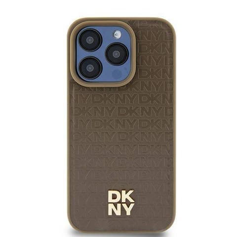 ⁨Oryginalne Etui IPHONE 13 / 14 / 15 DKNY Hardcase Leather Pattern Metal Logo MagSafe (DKHMP14SPSHRPSW) brązowe⁩ w sklepie Wasserman.eu