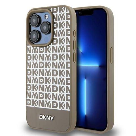 ⁨Oryginalne Etui APPLE IPHONE 15 PRO DKNY Hardcase Leather Printed Pattern Metal Logo MagSafe (DKHMP15LPSOSPW) brązowe⁩ w sklepie Wasserman.eu