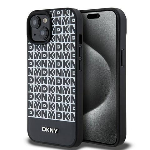 ⁨Oryginalne Etui IPHONE 13 / 14 / 15 DKNY Hardcase Leather Printed Pattern Metal Logo MagSafe (DKHMP15SPSOSPK) czarne⁩ w sklepie Wasserman.eu