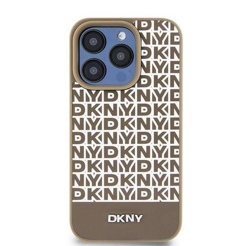 ⁨Oryginalne Etui IPHONE 13 / 14 / 15 DKNY Hardcase Leather Printed Pattern Metal Logo MagSafe (DKHMP15SPSOSPW) brązowe⁩ w sklepie Wasserman.eu