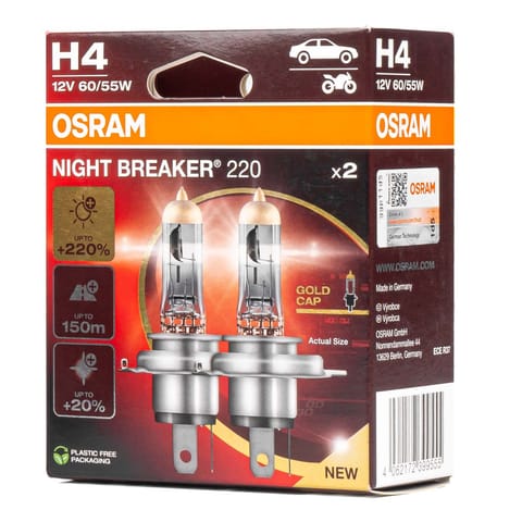 ⁨Żarówki halogenowe osram h4 12v 60/55w p43t night breaker +220% /2 szt./⁩ w sklepie Wasserman.eu