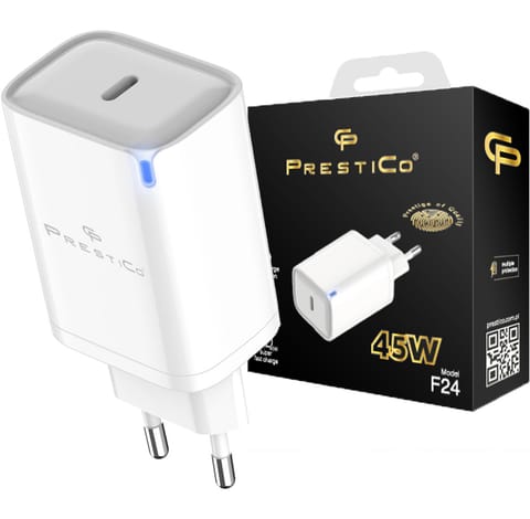 ⁨Ładowarka sieciowa 45W PD USB-C Prestico F24 biała⁩ w sklepie Wasserman.eu