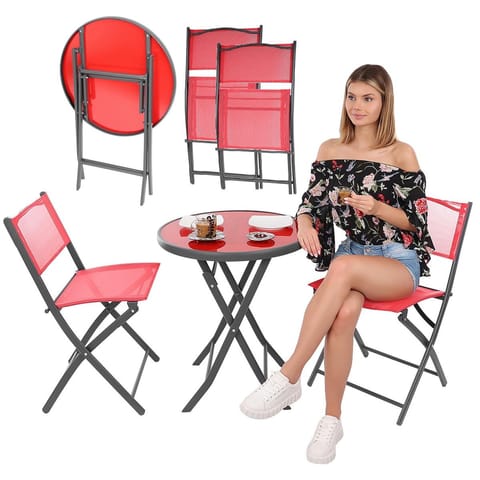 ⁨ZESTAW MEBLI BALKONOWYCH STOLIK OKRĄGŁY I 2 SKŁADANE KRZESŁA CZERWONY⁩ w sklepie Wasserman.eu