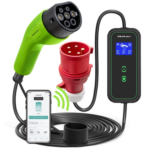 ⁨Qoltec Mobilna ładowarka do samochodu elektrycznego EV z regulacją 2w1 Typ2 | 11kW | Wi-fi | LCD | 3 fazy | Przenośna | Wallbox | 5m⁩ w sklepie Wasserman.eu