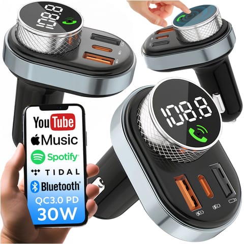 ⁨Transmiter FM Ładowarka Samochodowa Bluetooth 5.0 USB QC 3.0 USB-C PD 30W MP3 karty TF BC74 Czarny⁩ w sklepie Wasserman.eu