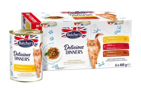 Butcher's Delicious Dinners megapack mix smaków dania z mięsem kawałki w galaretce karma dla kota 6 x 400g w sklepie Wasserman.eu