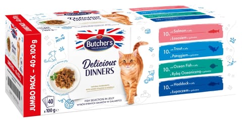 ⁨Butcher's Delicious Dinners Cat jumbo pack mix smaków dania z rybą w galaretce karma dla kota 40 x 100g⁩ w sklepie Wasserman.eu