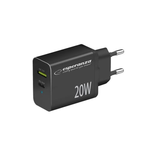 ⁨EZC105K Esperanza ładowarka sieciowa 20w usb-c pd 20w / usb-a qc 3.0 18w czarna⁩ w sklepie Wasserman.eu