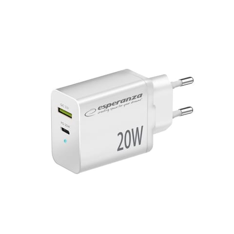 ⁨EZC105W Esperanza ładowarka sieciowa 20w usb-c pd 20w / usb-a qc 3.0 18w biała⁩ w sklepie Wasserman.eu