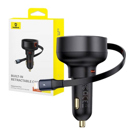 ⁨Ładowarka samochodowa Baseus Enjoyment Pro z kablem lightning + USB-C, 55W (czarny)⁩ w sklepie Wasserman.eu