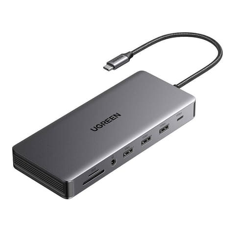 ⁨Hub USB-C Ugreen CM681, 4x USB, 2x HDMI, DisplayPort, RJ45, SD/TF, AUX, PD 100W (szary)⁩ w sklepie Wasserman.eu