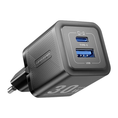 ⁨Ładowarka sieciowa, Vention, FEQB0-EU,  USB-C, USB- A, 30W/30W, GaN (czarna)⁩ w sklepie Wasserman.eu