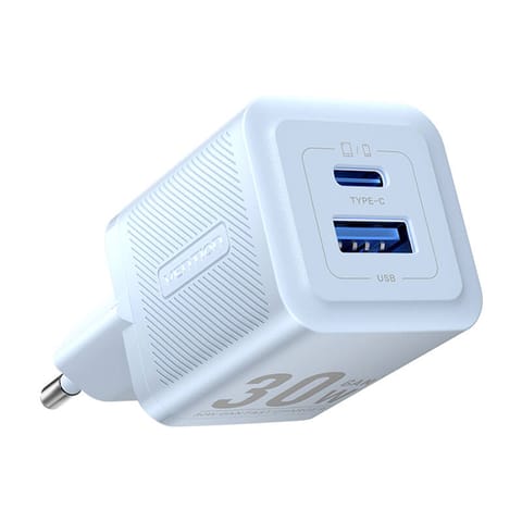 ⁨Ładowarka sieciowa, Vention, FEQL0-EU,  USB-C, USB- A,  30W/30W , GaN (niebieska)⁩ w sklepie Wasserman.eu