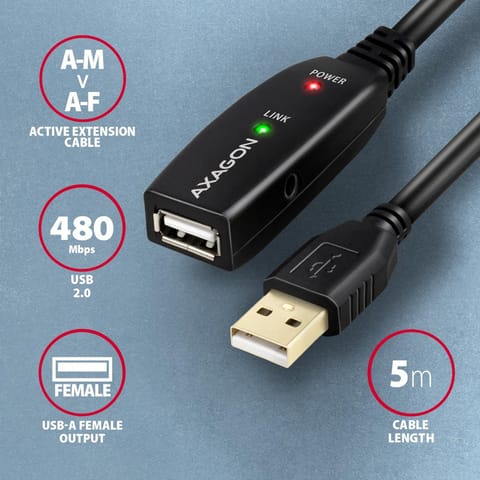 ⁨Aktywny przedłużacz/wzmacniacz Axagon USB 2.0 A-M do A-F 5m⁩ w sklepie Wasserman.eu