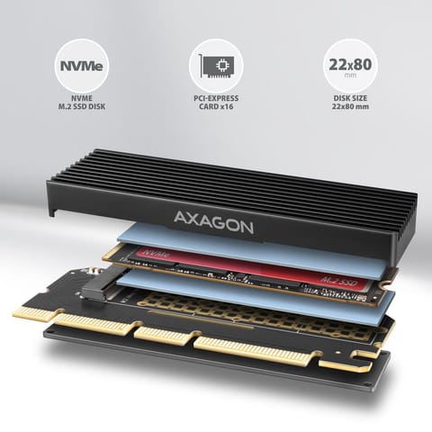 ⁨AXAGON PCEM2-XS PCI-E 3.0 16x - M.2 SSD NVMe, 80 mm SSD - low profile⁩ at Wasserman.eu