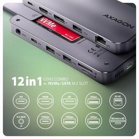 ⁨AXAGON HMC-12GM2 Multiport Hub, USB-C 3.1, M.2-NVMe/SATA, DP + HDMI, Gbit-LAN, 3x USB-A, 1x USB-C, CR⁩ at Wasserman.eu