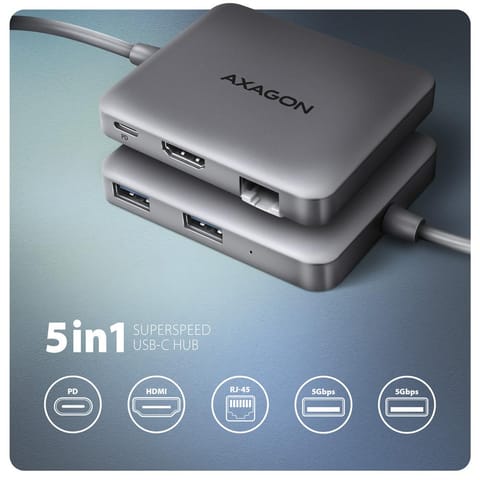 ⁨AXAGON HMC-5HL 2x USB-A, HDMI, LAN, USB 3.2 Gen 1 hub, PD 100W - grey⁩ at Wasserman.eu