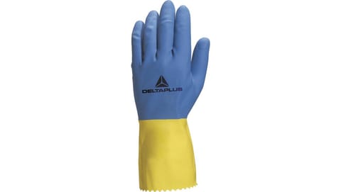 ⁨Latex household gloves, flocked, length 30 Cm, thickness 0,60 mm blue-yellow size 7,5 VE330BJ07⁩ at Wasserman.eu