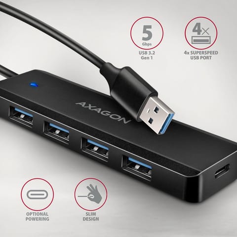 ⁨Hub aktywny Axagon HUE-C1A USB-A 3.2 Gen1 do 4x USB-A 3.2 Gen + 1xUSB-C do ładowania czarny⁩ w sklepie Wasserman.eu