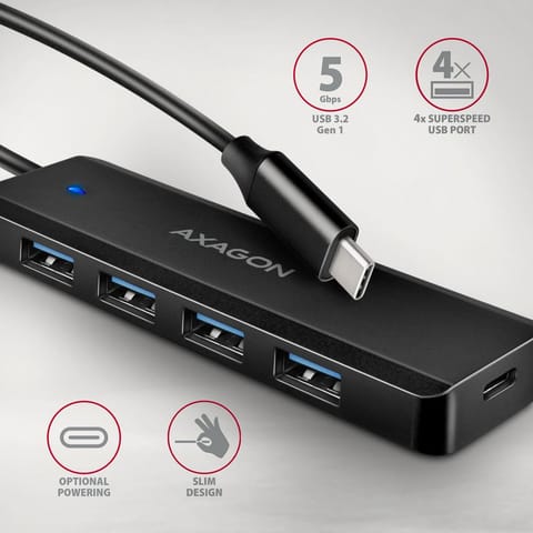 ⁨Hub aktywny Axagon HUE-C1C USB-C 3.2 Gen1 do 4x USB-A 3.2 Gen + 1xUSB-C do ładowania czarny⁩ w sklepie Wasserman.eu