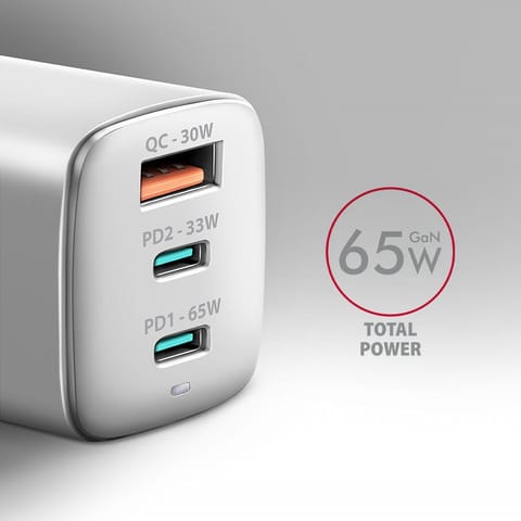 ⁨Ładowarka sieciowa GaN Axagon ACU-DPQ65W 1xUSB-A + 2x USB-C 65W biała⁩ w sklepie Wasserman.eu