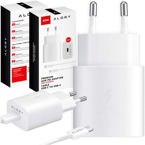 ⁨Ładowarka sieciowa USB-C typ C PD Premium szybka 45W 3A + Kabel Type-C 1M Alogy Biała⁩ w sklepie Wasserman.eu