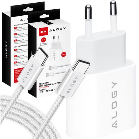 ⁨Ładowarka sieciowa szybka mocna 35W USB-C USB typ C PD GaN do iPhone 15 +Kabel type-C 1m Alogy Biała⁩ w sklepie Wasserman.eu