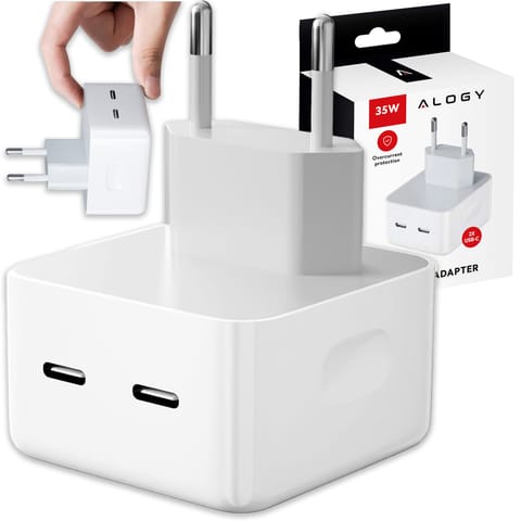 ⁨Ładowarka sieciowa szybka 35W 2x USB-C USB typ C PD do iPhone Alogy 2-portowa kostka Biała⁩ w sklepie Wasserman.eu