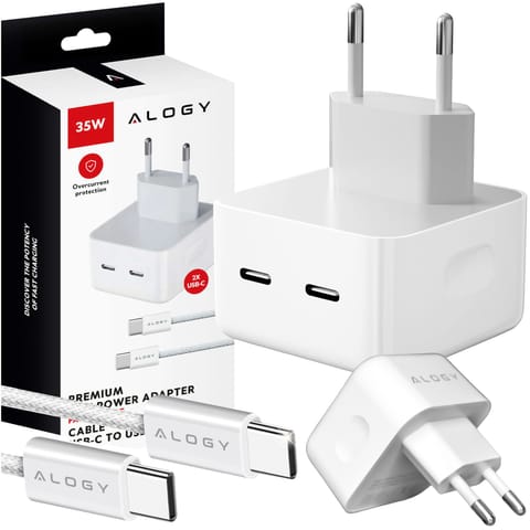 ⁨Ładowarka sieciowa szybka 35W 2x USB-C USB typ C PD do iPhone + Kabel type-C 1m Alogy Biała⁩ w sklepie Wasserman.eu