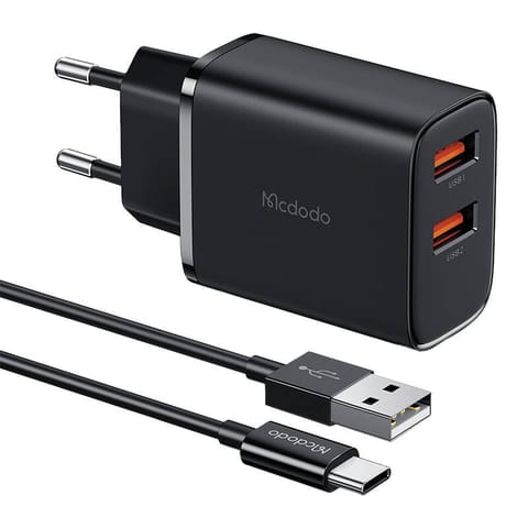 ⁨Ładowarka sieciowa Mcdodo CH-5072 USB-A*2, 12W + kabel USB-A do USB-C (czarna)⁩ w sklepie Wasserman.eu