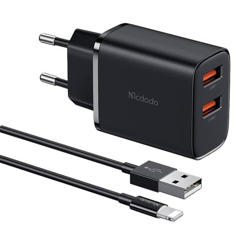 ⁨Ładowarka sieciowa Mcdodo CH-5071 USB-A*2, 12W + kabel USB-A do lightning (czarna)⁩ w sklepie Wasserman.eu