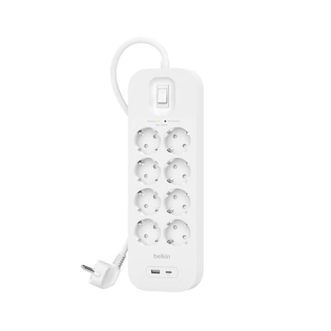 ⁨Listwa zasilająca Belkin Power Surge 8-PORT + 1xUSB-A +1xUSB-C 2.4A PD 900J 2m White Schuko⁩ w sklepie Wasserman.eu