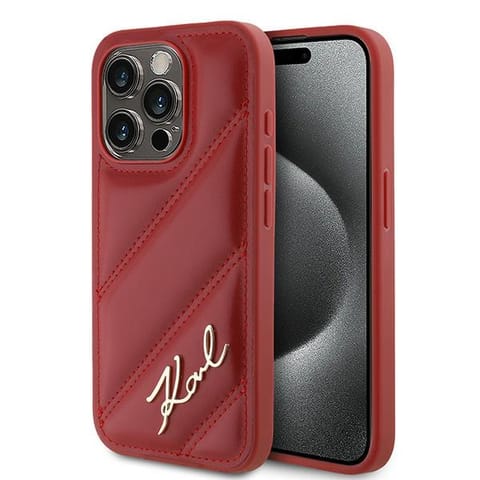 ⁨Karl Lagerfeld KLHCP15LPQDSMGR iPhone 15 Pro 6.1" czerwony/red hardcase Diagonal Quilted Script⁩ w sklepie Wasserman.eu