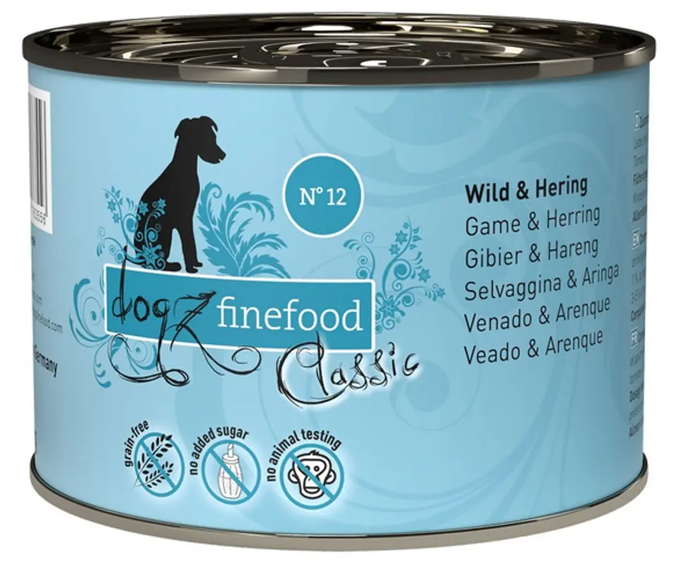 ⁨Dogz Finefood Classic N.12 Dziczyzna i śledź puszka 200g⁩ w sklepie Wasserman.eu