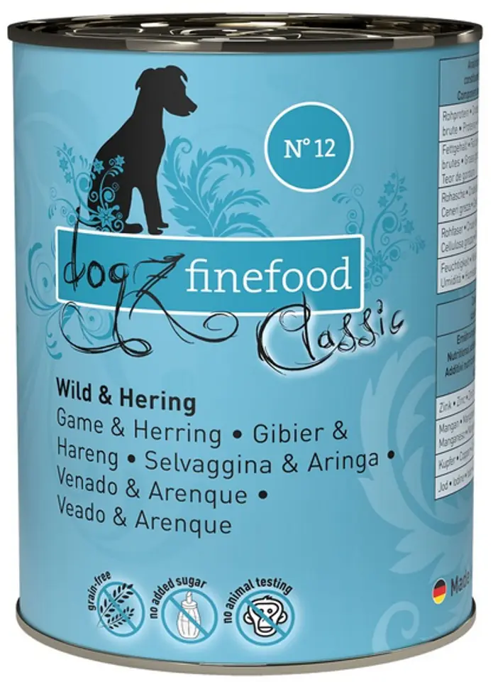 ⁨Dogz Finefood Classic N.12 Dziczyzna i śledź puszka 400g⁩ w sklepie Wasserman.eu